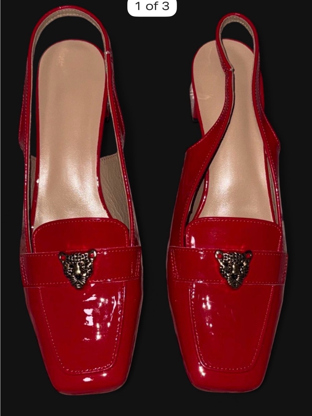 Red Patent Slingback Loafers with Decorative Crest